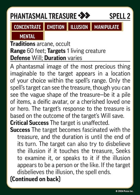 Pathfinder Occult Spell Deck (Remastered) sample card face, presenting details for the phantasmal treasure spell.