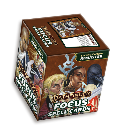 Pathfinder Focus Spell Deck (Remastered) product packaging image, depicting a brown box illustrated with a variety of spellcasting Pathfinder character classesl. The top of the box depicts a sample spell card, with a paladin illustration on one side and game rules for a spell on the other.