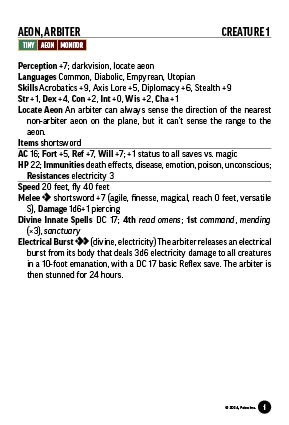 Pathfinder Monster Core Battle Card featuring game statistics for an Aeon Arbiter monster.