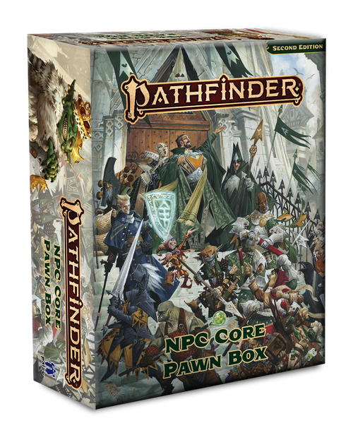 Pathfinder NPC Core Pawn Box product image showing an array of fantasy characters on the stairs of a gatehouse in a building. Figures include a politician, guards, merchants, and others with pawns in this product.