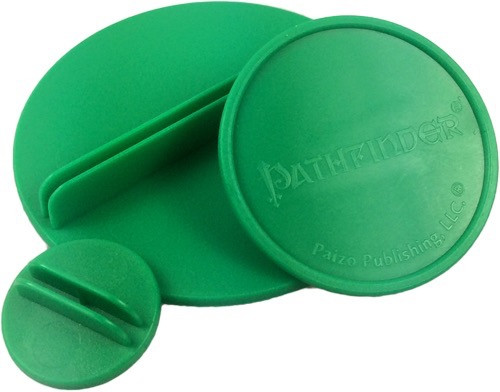 Pathfinder Pawns: Green Bases Huge depicts three different sizes of green circular plastic bases for Pathfinder Pawns, stacked in a small pile—two showing the slot to hold a pawn, and one upside down to show the Pathfinder logo on the underside.