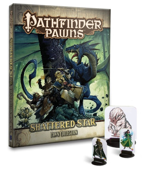 Pathfinder Adventure Path: Shattered Star Adventure Path Pawn Collection Print Edition product image shows the thick folder of pawns standing upright, featuring an image of a blue wyvern about to attack a hero. In the foreground in front of the product stand three sample pawns fitted into black plastic bases, each showing a different character.