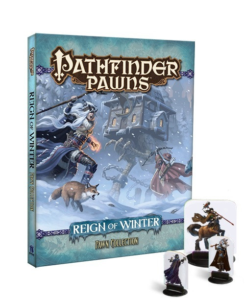 Pathfinder Adventure Path: Reign of Winter Adventure Path Pawn Collection product image shows the thick folder of pawns standing upright, featuring an image of a heroic witch facing off in a snowstorm against a strange hut that stomps through the snow on chicken legs. In the foreground in front of the product stand three sample pawns fitted into black plastic bases, each showing a different character.