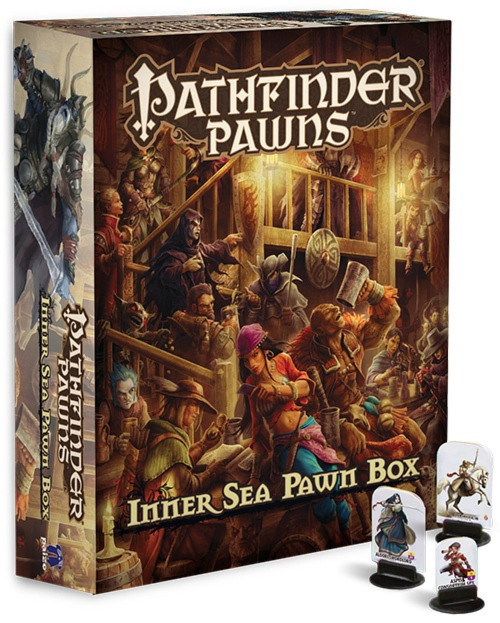 Pathfinder Pawns: Inner Sea Pawn Box PDF product image shows the closed box of pawns standing upright, featuring a cover image of many rowdy tavern patrons enjoying a rip-roaring party on a wooden stairwell. In the foreground in front of the product stand three sample pawns fitted into black plastic bases, each showing a different character.