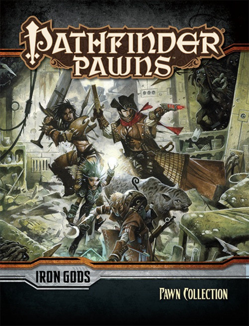Pathfinder Pawns: Iron Gods Adventure Path Pawn Collection PDF cover shows an image of four heroes—a barbarian, a gunslinger, an alchemist, and a druid with her pet snow leopard, all in an action pose in a strange technological dungeon.