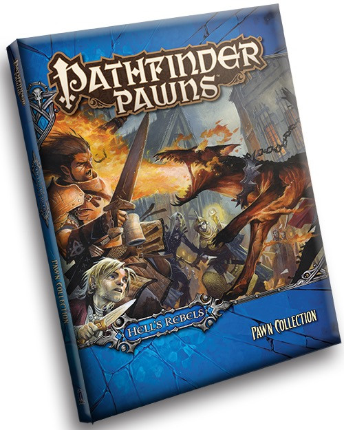 Pathfinder Pawns: Hell's Rebels Adventure Path Pawn Collection cover shows an image of a pair of heroes facing off against a fire-breathing hellhound that’s attacked them in a city market.
