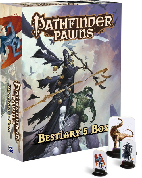 Pathfinder Pawns: Bestiary 5 Box product image shows the closed box of pawns standing upright, featuring a cover image of several gray aliens, a toothy fish person, and the grim reaper posing atop several rune-carved rocks before a sky filled with looming storm clouds. In the foreground in front of the product stand three sample pawns fitted into black plastic bases, each showing a different character.