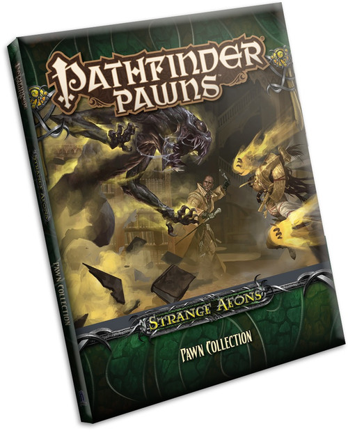 Pathfinder Pawns: Strange Aeons Pawn Collection PDF cover shows an image of heroes facing off against an alien-looking eldritch hound-like monster emerging from a churning cloud of yellow smoke.