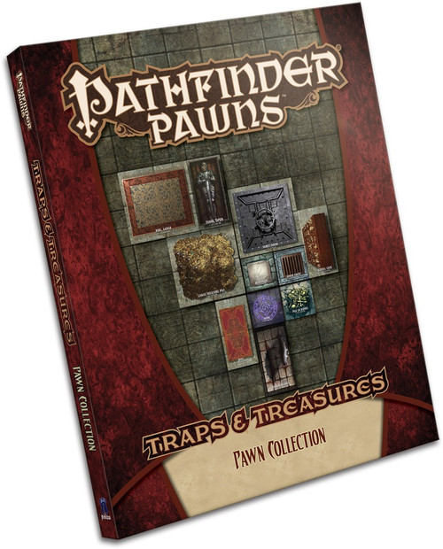 Pathfinder Pawns: Traps & Treasures Pawn Collection PDF cover shows an image of several different cardboard tiles, each depicting a different type of deathtrap, placed upon a gridded map.