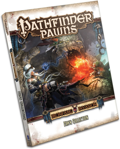 Pathfinder Pawns: Ironfang Invasion Pawn Collection PDF cover shows an image of heroes teaming up to fight an immense giant made out of stone.