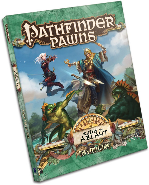 Pathfinder Pawns: Ruins of Azlant Pawn Collection PDF cover shows two heroes leaping into action to fight agianst some green fish people on the shores of a forested island.