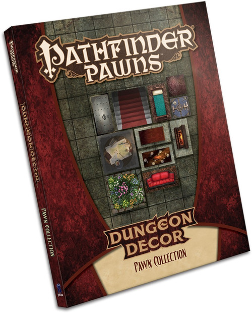 Pathfinder Pawns: Dungeon Decor Pawn Collection cover shows several cardboard tiles depicting furnishings and features one might find in a wide range of dungeon chambers, placed on a gridded map background. 