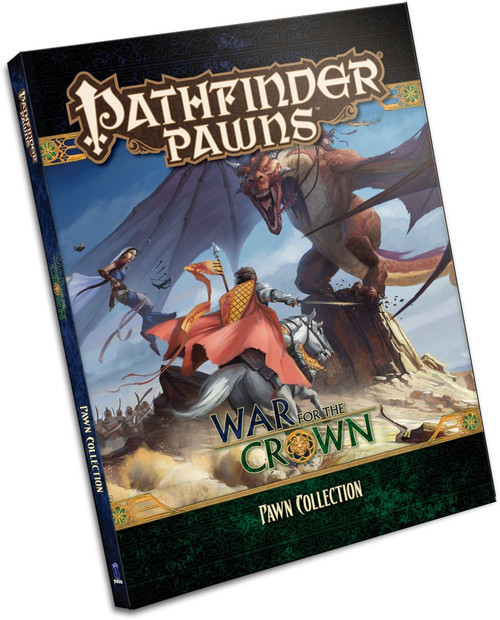 Pathfinder Pawns: War for the Crown Pawn Collection cover shows a hero riding a horse into battle against an immense winged dragon.