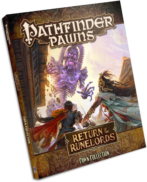 Pathfinder Pawns: Return of the Runelords Pawn Collection PDF cover shows heroes preparing to do battle in an ancient city against a looming purple skeletal giant that’s reaching down to attack them.
