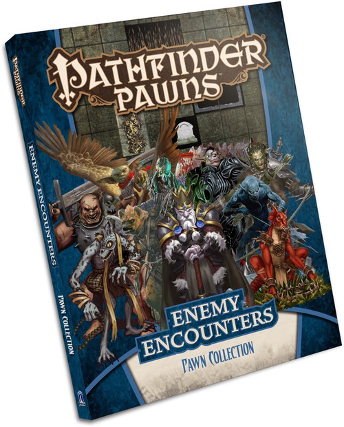 Pathfinder Pawns: Enemy Encounters Pawn Collection PDF cover shows a wide array of various enemies, both humanoid and monstrous, ready for a fight.