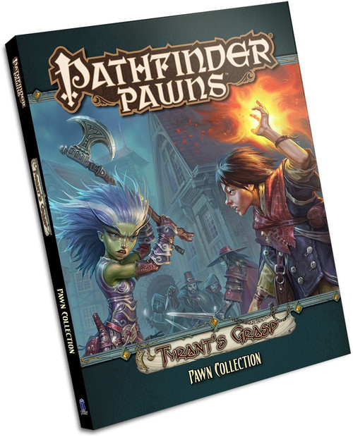 Pathfinder Pawns: Tyrant's Grasp Pawn Collection cover shows a pair of characters—one with green skin and the other with a flaming hand, facing off before a misty village in the background.