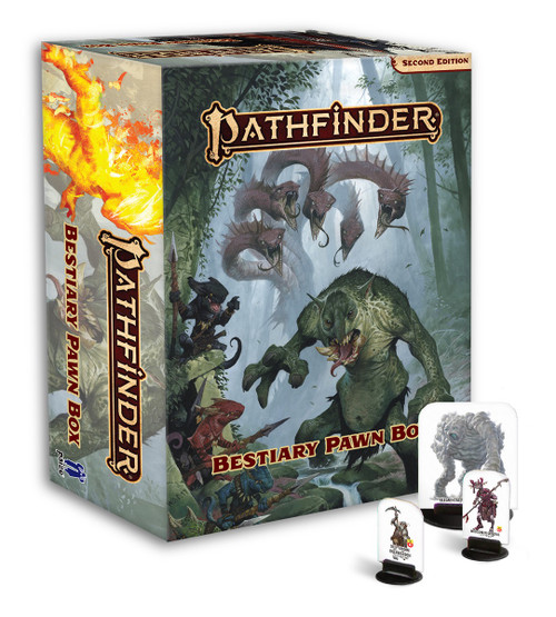 Pathfinder Bestiary Pawn Box product image shows the closed box of pawns standing upright, featuring a cover image of several small reptilian humanoids, a lumbering toothy green giant, and a multi-headed hydra looming menacingly in a foggy swamp. In the foreground in front of the product stand three sample pawns fitted into black plastic bases, each showing a different character.
