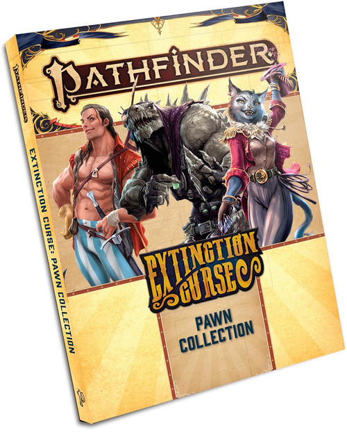 Pathfinder Extinction Curse Pawn Collection cover featuring an array of NPCs and monsters featured in the box and in the Extinction Curse campaign. 