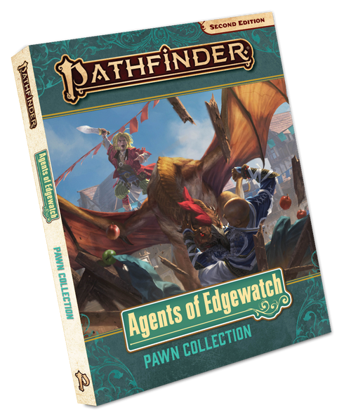 Pathfinder Agents of Edgewatch Pawn Collection cover featuring a thrilling scene from the Agents of Edgewatch Adventure Path--brave heroes battle a winged reptilian beast in a city market!