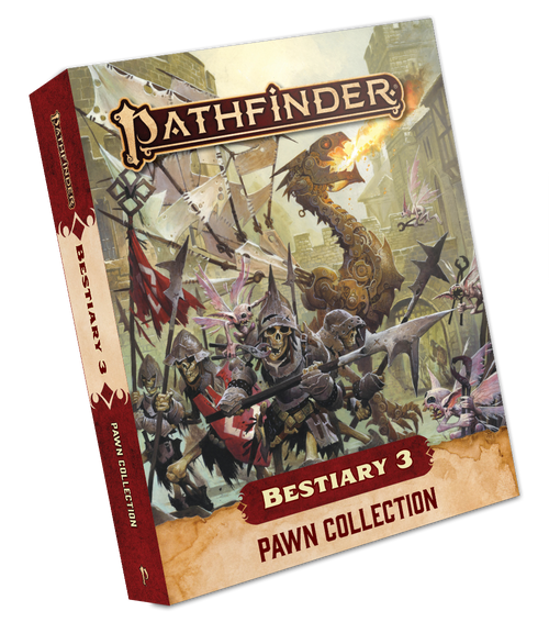 Pathfinder Bestiary 3 Pawn Collection cover featuring several monsters included in the set--a huge mechanical dragon, a troop of armored skeletons, and several tooth fairies flittering around.