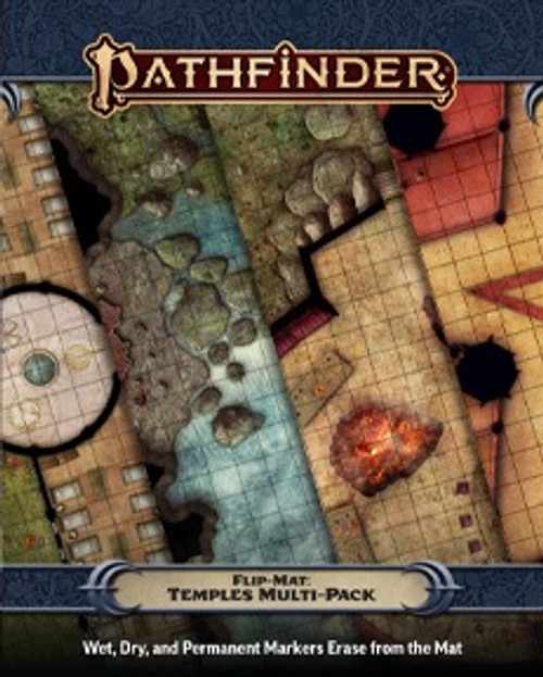 Pathfinder Flip-Mat: Temples Multi-Pack product image featuring four sample sections from the four maps in this product, including a temple in a forest clearing, a rugged seaside shrine, a spooky temple in a graveyard, and a diabolic temple for devil cultists; wet, dry, and permanent markers erase from the mat.