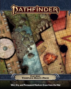 Pathfinder Flip-Mat: Temples Multi-Pack PDF product image featuring four sample sections from the four maps in this product, including a temple in a forest clearing, a rugged seaside shrine, a spooky temple in a graveyard, and a diabolic temple for devil cultists; wet, dry, and permanent markers erase from the mat.