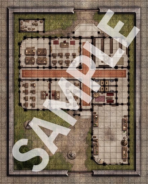 Pathfinder Flip-Mat: Boarding School sample image shows a map of a walled compound boarding school with several separate classrooms and a grassy outdoor area.