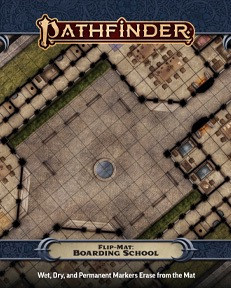 Pathfinder Flip-Mat: Boarding School PDF product image featuring an open-air courtyard in a boarding school with classrooms and hallways surrounding it; wet, dry, and permanent markers erase from the mat.
