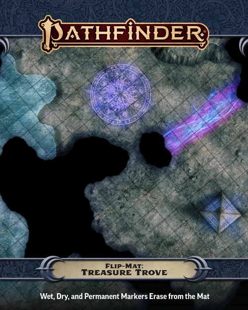 Pathfinder Flip-Mat: Treasure Trove product image shows a section of a mysterious underground cavern that might just be a dragon’s lair; wet, dry, and permanent markers erase from the mat.