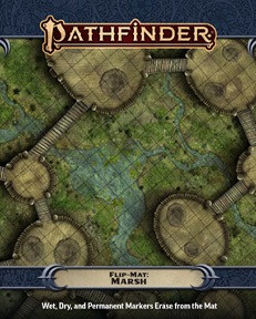 Pathfinder Flip-Mat: Marsh cover reads "wet, dry, and permanent markers erase from the mat" and depicts round buildings linked by raised pathways above a green marsh.
