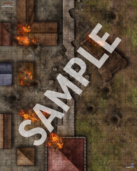 Pathfinder Flip-Mat: Haunted Battlefield sample image depicts a fortress wall, its ramparts damaged and the interior buildings on fire.