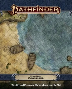 Pathfinder Flip-Mat: Coastline cover reads "wet, dry, and permanent markers erase from the mat" and depicts  a sheltered sandy bay with two rowboats drawn up on the sand.