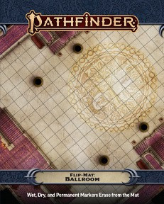 Pathfinder Flip-Mat: Ballroom cover reads "wet, dry, and permanent markers erase from the mat" and depicts an aerial view of a fancy ballroom, a carved sigil on its floor.