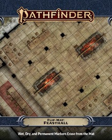 Pathfinder Flip-Mat: Feasthall cover reads "wet, dry, and permanent markers erase from the mat" and depicts an enormous hall with numerous tables and roasting pits full of hot coals.