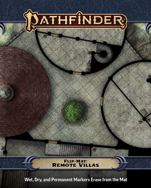 Pathfinder Flip-Mat: Remote Villas cover reads "wet, dry, and permanent markers erase from the mat" and depicts a keep with multiple round towers.