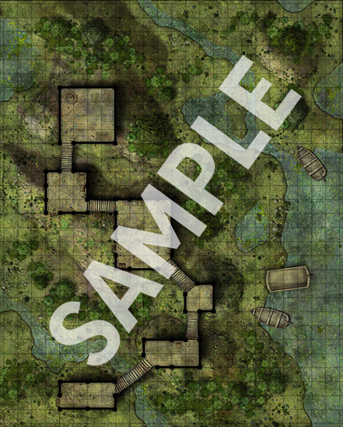 A sample image of one side of Pathfinder Flip-Mat: Bayou Hideout featuring a sprawling hideout in a bayou.