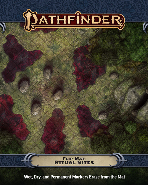 An image of the Pathfinder Flip-Mat: Ritual Sites with the Pathfinder logo on top, the product name on the bottom, and a glimpse of one of the included maps in the center.