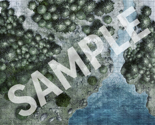 Pathfinder Flip-Mat: Boreal Forest. A map features a snowy forest landscape on the coast, with a river leading to a larger body of water..