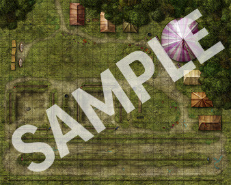 A sample image of one of the included flip-mats. This map features a grassy field ringed on one side by small buildings. 