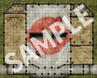 A sample image of one of the included flip-mats. This map features the inside of a large building which has several rooms included one large center chamber with a red design on the floor.