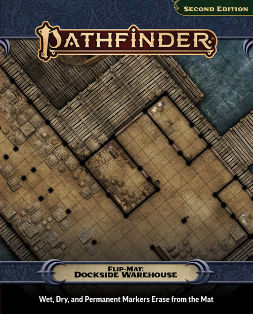 An image of the Pathfinder Flip-Mat: Dockside Warehouse with the Pathfinder logo on top, the product name on the bottom, and a glimpse of one of the included maps in the center.