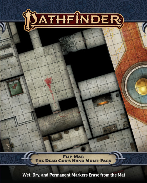 An image of the Pathfinder Flip-Mat: The Dead God's Hand Multi-Pack with the Pathfinder logo on top, the product name on the bottom, and a glimpse of each included map in the center.