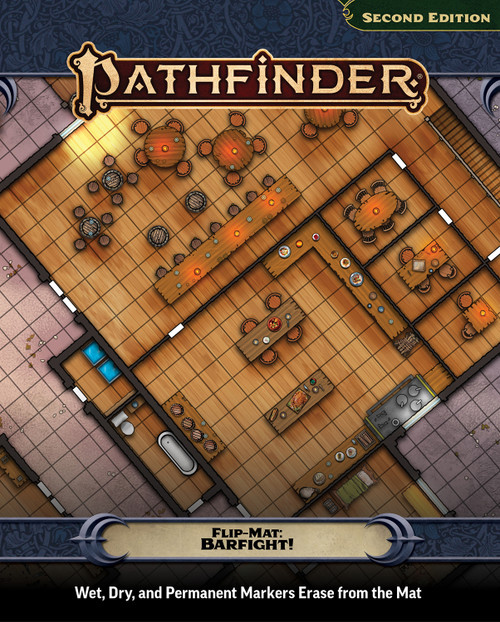 An image of the Pathfinder Flip-Mat: Barfight! with the Pathfinder logo on top, the product name on the bottom, and a glimpse of one of the included maps in the center.