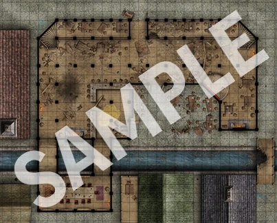 Sample side 1 of Pathfinder Flip-Mat: Barfight! featuring a large, L shaped bar completely in shambles. Tables overturned, chairs thrown askew, damage all over the floor... who's going to clean this up??