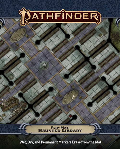 An image of the Pathfinder Flip-Mat: Haunted Library with the Pathfinder logo on top, the product name on the bottom, and a glimpse of one of the included maps in the center.