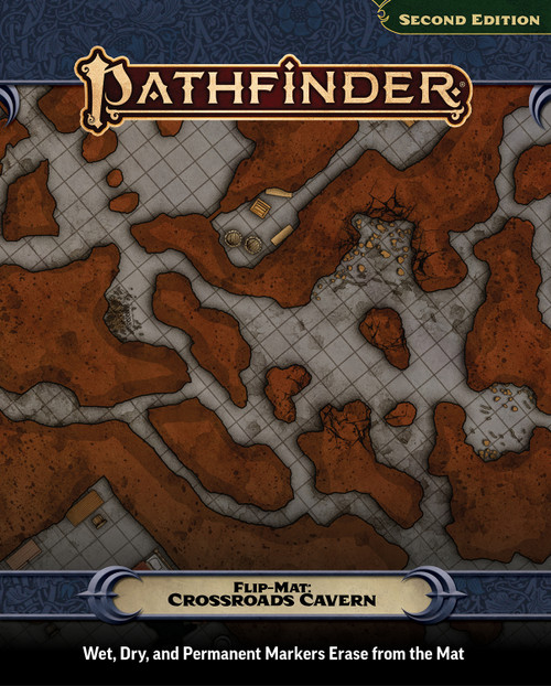 An image of the Pathfinder Flip-Mat: Crossroads Cavern with the Pathfinder logo on top, the product name on the bottom, and a glimpse of one of the included maps in the center.