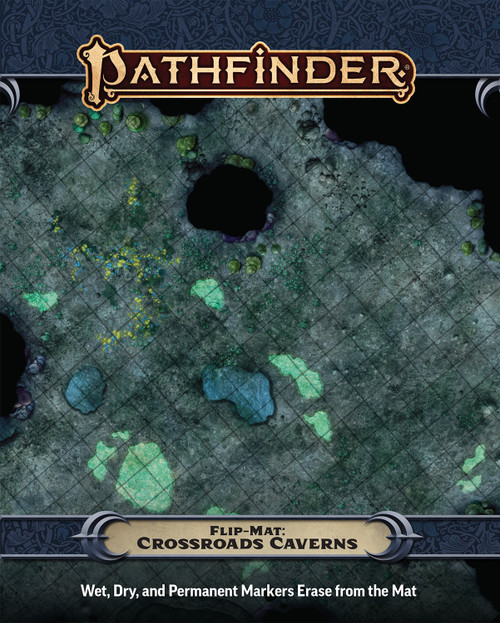 An image of the Pathfinder Flip-Mat: Crossroads Cavern with the Pathfinder logo on top, the product name on the bottom, and a glimpse of one of the included maps in the center.