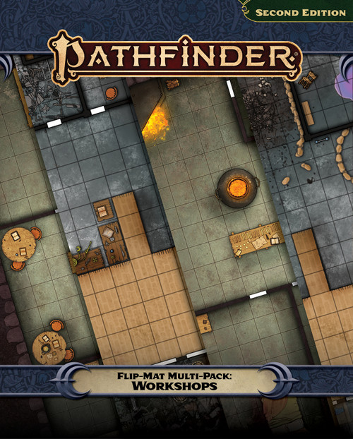 An image of the Pathfinder Flip-Mat: Workshops Multi-Pack with the Pathfinder logo on top, the product name on the bottom, and a four slice glimpse of each included map in the center.