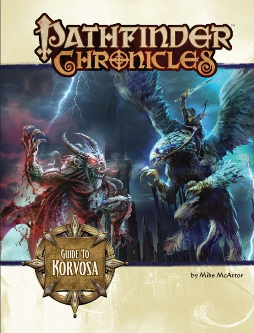 Pathfinder Chronicles: Guide to Korvosa (OGL) PDF book cover,  a 64-page urban guide to Korvosa, a city-state in Varisia, with fantasy elements, gold and brown text, by Mike McArtor.