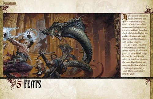 Pathfinder Roleplaying Game Core Rulebook (OGL) PDF shows a sample of the interior of the book: Chapter 5, Feats, with a large image of a giant gray cobra and a tiger-headed spellcaster attacking a group of heroes. Flavor text runs along the right side of the image.